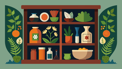  A closeup of a traditional medicine cabinet filled with various herbs roots and other natural remedies used for healing in cultures around the - obrazy, fototapety, plakaty