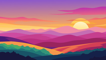  A colorful sunset over the rolling hills of a countryside landscape. The sky is painted with shades of pink purple and orange filling the - obrazy, fototapety, plakaty