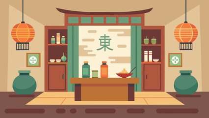  A calming zenlike view of the interior of a traditional Chinese medicine clinic with herbal jars acupuncture tools and soothing artwork - obrazy, fototapety, plakaty