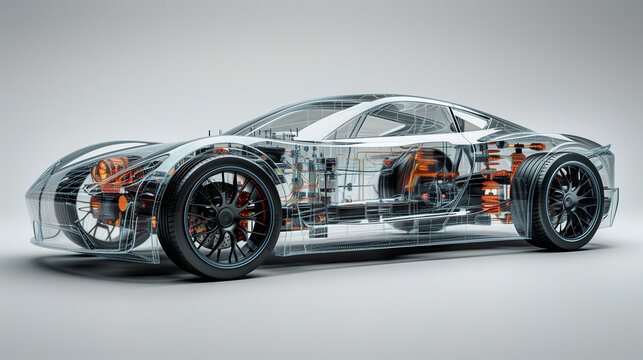 This image showcases a sports car with a transparent shell, revealing the intricate mechanical components within, set against a neutral background..
