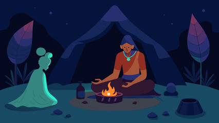  In the dim light of a hut a native healer sits crosslegged surrounded by mysterious potions and loincloths while performing a healing ritual