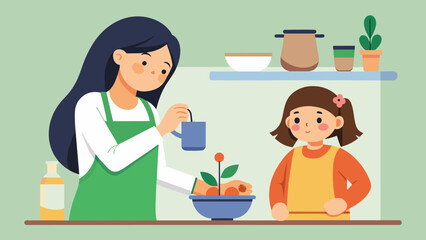  A young girl carefully measures out ingredients for an herbal tea overseen by her mother who is teaching her the importance of precise - obrazy, fototapety, plakaty