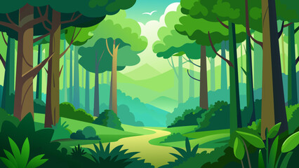  A lush green forest filled with tall trees and vibrant foliage evoking a sense of peace and calm in its viewers.