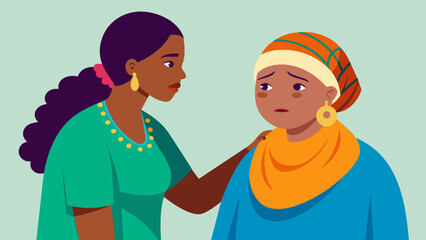 Fototapeta premium With a concerned expression the healer listens intently to an older womans complaints her hand resting gently on the womans shoulder. The
