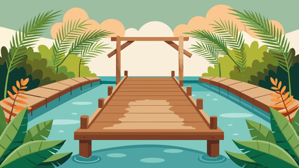  A rustic wooden bridge stretching over the pool adorned with potted plants and soft feathery ferns inviting guests to take a leisurely stroll