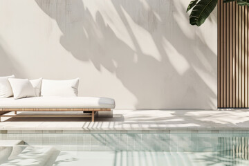 Modern poolside lounge with elegant shadows and minimalist design