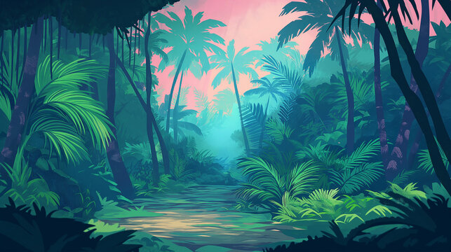 Paisagem floresta tropical verde - Ilustração