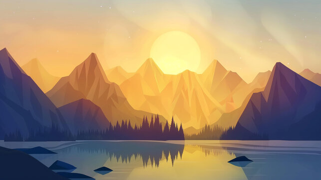 Paisagem de montanha sol e lago - Ilustração