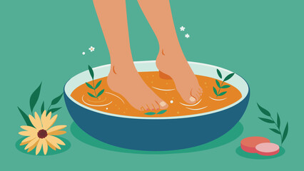  An image of a persons feet immersed in a bowl of warm herbal water a traditional foot bath in Thai medicine. - obrazy, fototapety, plakaty