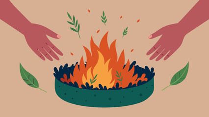  Closeup of hands placing herbs and flowers into a fire pit during a traditional burn ceremony representing the release of negative energy and