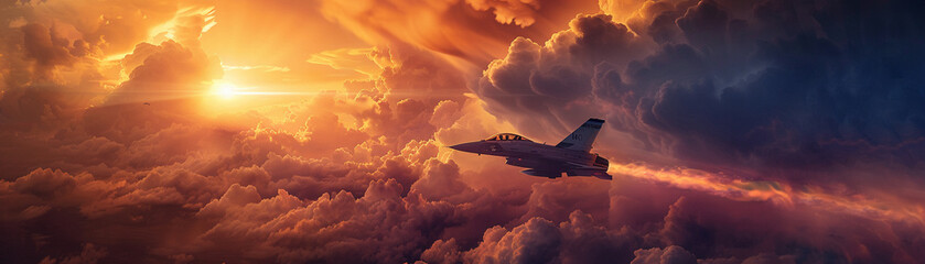 Jet races across a stormy sky, fiery exhaust cuts through the clouds, sonic boom lost in the thunder.