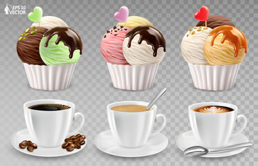Coffee collection. Flavored ice cream, various flavors and toppings. Vector realistic set. 3D food illustrations for packaging design, menus and advertising