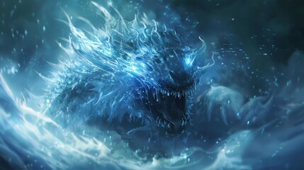 A formidable ice dragon exhales a freezing gale, its spiky silhouette cutting through the dark, frosty waters of the deep sea. - obrazy, fototapety, plakaty