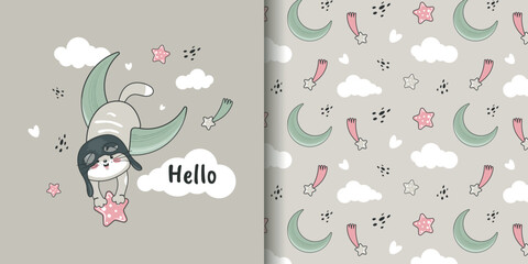 Children's seamless pattern with the image of a funny kitten on the moon in a pilot's hat. Vector design for baby bedding, fabric, wallpaper, wrapping paper and more. - obrazy, fototapety, plakaty