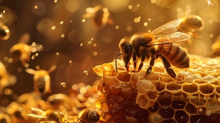 Bee gathering honey from flower and honeycomb, close-up