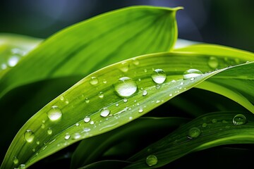Macro shot of water droplets glistening on lush green plant leaves, natural background