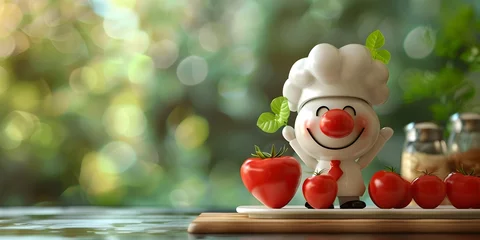 Foto op Plexiglas A cheerful calorie counter character showcasing fresh seasonal produce on a wooden table © Thares2020
