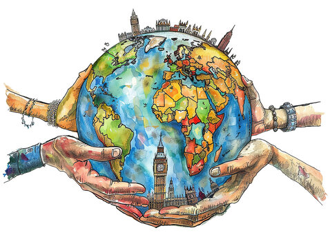 Earth globe and different cultures hand in hand cartoon showing big ben and other global landmarks, isolated on white background.