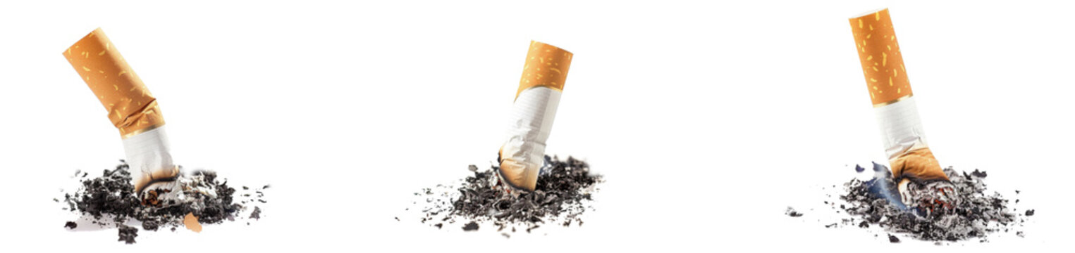 Set of Extinguished cigarette butt isolated on white background