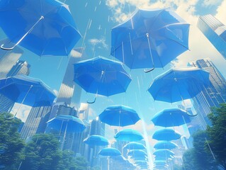 A 3D render of a futuristic city square featuring sleek translucent blue umbrellas hovering in...