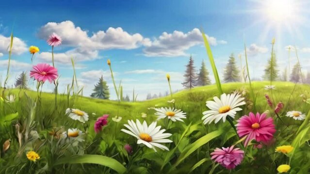 Beautiful spring landscape with meadow flowers and daisies in the grass. Natural summer panorama created with generative ai