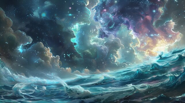 Space Sky Over Ocean: A mesmerizing blend of cosmic wonders and earthly depths, where the celestial canopy meets the tranquil sea in a symphony of blue hues