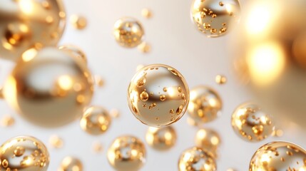 Golden spheres on white background. Abstract illustration, flying golden balls, metallic gold beads, round and shiny objects, wallpaper, pearls, metal balls. Generated by artificial intelligence.