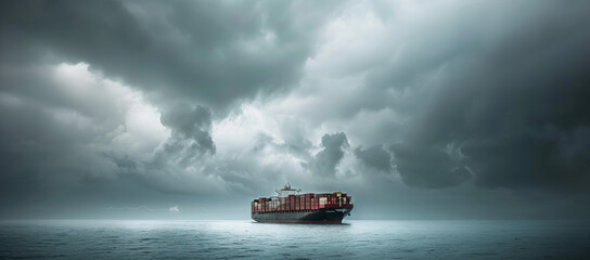 Maritime Commerce: Immense Cargo Vessel Amidst Storm - obrazy, fototapety, plakaty