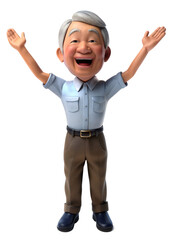 3d style illustration of asia old man in office worker uniform, he is joyfull, isolated on background