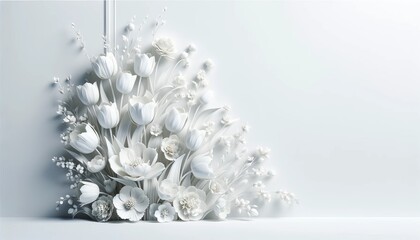 Visualize a delicate white floral arrangement in the far right corner against a spotless white background, featuring elegantly detailed white tulips