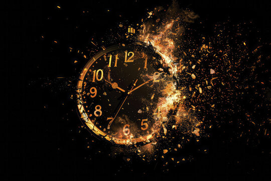 An exploding alarm clock or clock against a black background, representing a conceptual photo.