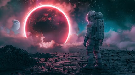 astronaut observing a circular portal