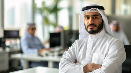 Fototapeta na wymiar Confident Emirati Businessman in Kandura at Modern Office in Dubai