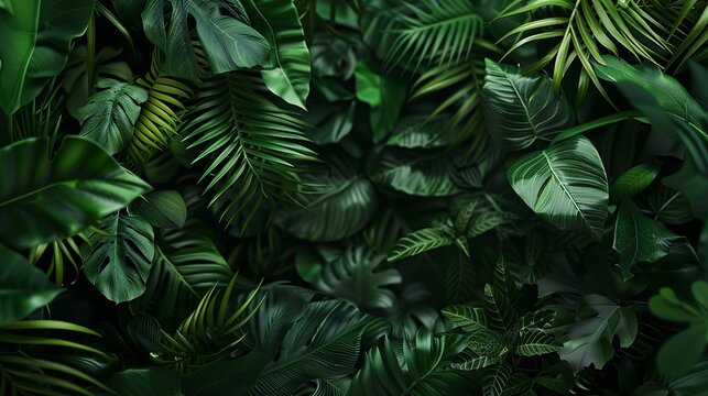  Tropical Summer Green Leaves with Neon Light Background
