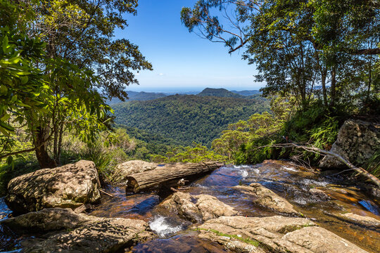 Flowing Water and View over Mountains of Binna Burra Section of Lamington National Park, Queensland, Australia.