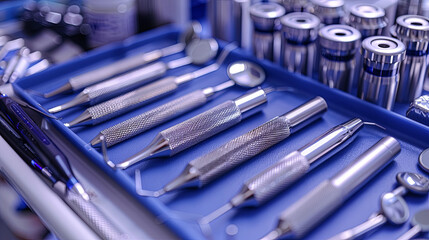 Various dental instruments neatly arranged on a blue tray, showcasing cleanliness and precision in a dental setting