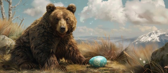 Grizzly bear in a natural landscape with an Easter egg - Bear sitting in a picturesque landscape with snow-capped mountains, alongside a decorative egg signifying a harmonious coexistence