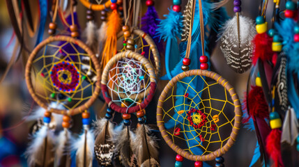 A colorful display of various handcrafted dream catchers with bright beads and feathers highlighting cultural art