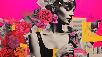 Modern paper art photo collage, with portrait of beautiful women, decorated with flowers . Colorful, trendy, contemporary art