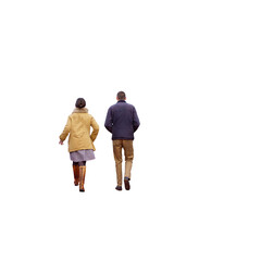 jeune couple vu de dos qui marche, ils discutent en marchant, c'est l'hiver, fond transparent 