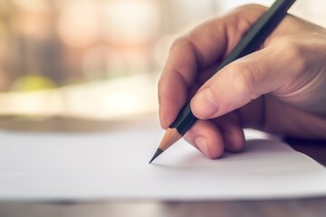 hand poised to start a letter with a pencil on paper