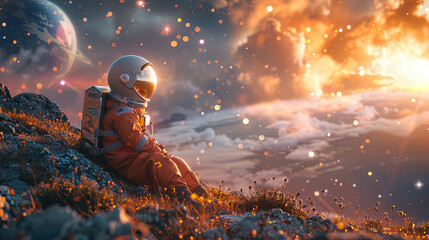 Child wearing astronaut suit, exploring space with stars and planets Astronaut on a hill, gazing at...