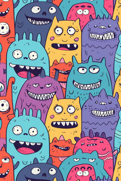 A pattern of cute cartoon monsters in a colorful, fun, simple doodle style with a simple background in the 