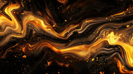 Gold abstract waves on the black background. Paint waves texture. 