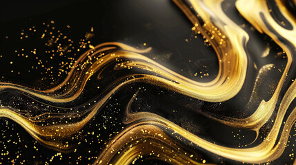 Gold abstract waves on the black background. Paint waves texture. 