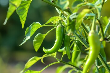closeup of green chili on the vine