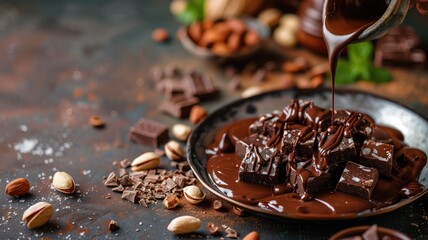 Melted chocolate being poured over pieces on a dark plate with nuts scattered around. - obrazy, fototapety, plakaty
