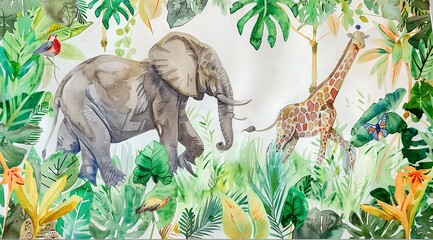 Naklejka premium Watercolor Jungle Theme with Animals like Elephant