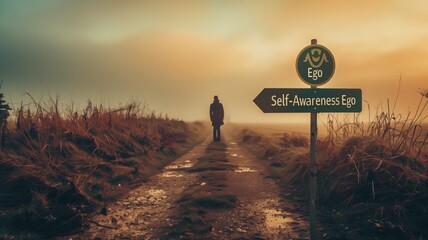 A person stands at a crossroad with signs pointing to "Ego" and "Self-Awareness Ego" sunset.