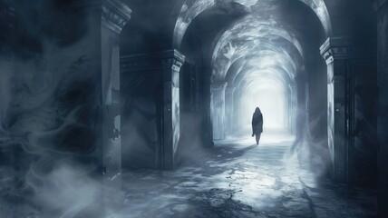 A solitary figure walks through a misty, blue-hued corridor with arched doorways. - obrazy, fototapety, plakaty